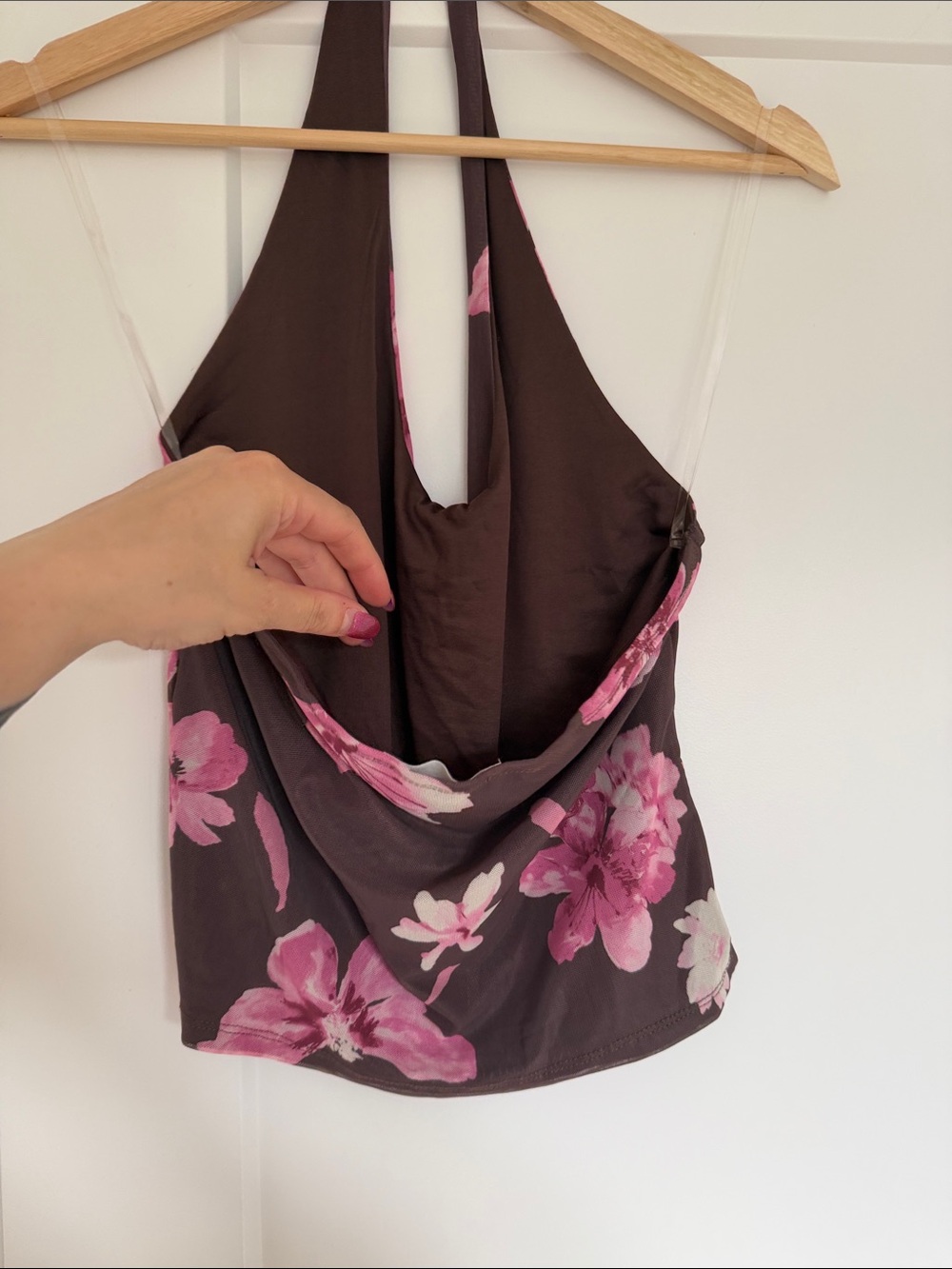 Women’s Brown Halter Top with Pink Floral Print NWOT - Picture 4 of 7